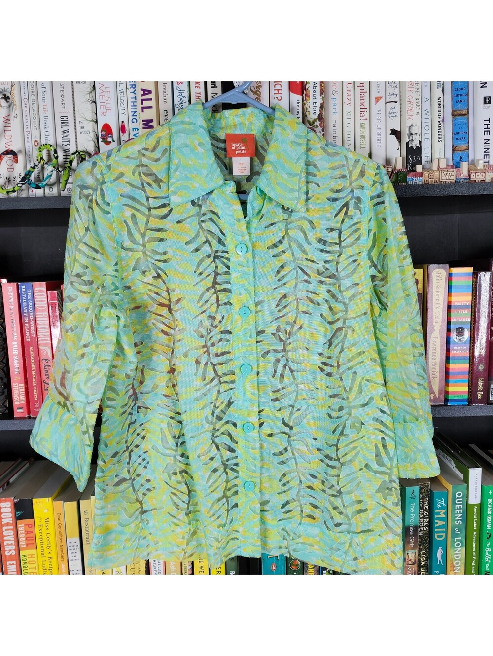 Hearts of Palm Petite Tropical Leaf Burnout Button Front Blouse 8P Aqua Green